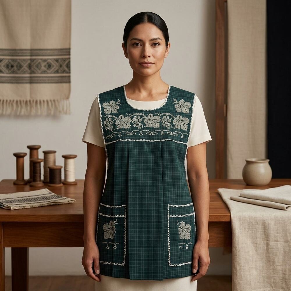 Traditional Mexican Cross-Stitch Embroidered Apron – Deluxe Artisan Smock Style